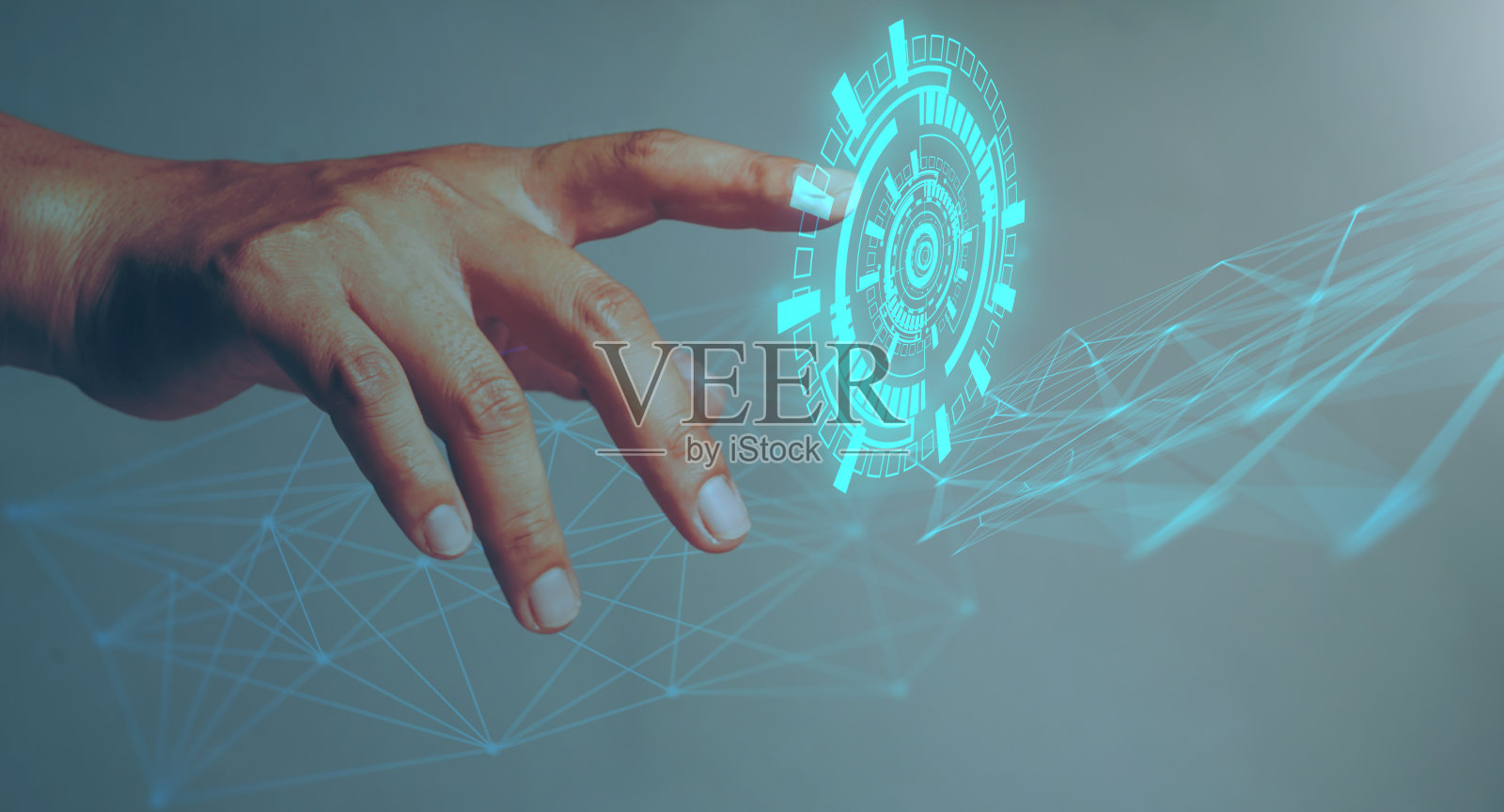 商人手指Hud未来主义元素技术设置与黑暗背景隔离。高新技术的用户界面。照片摄影图片