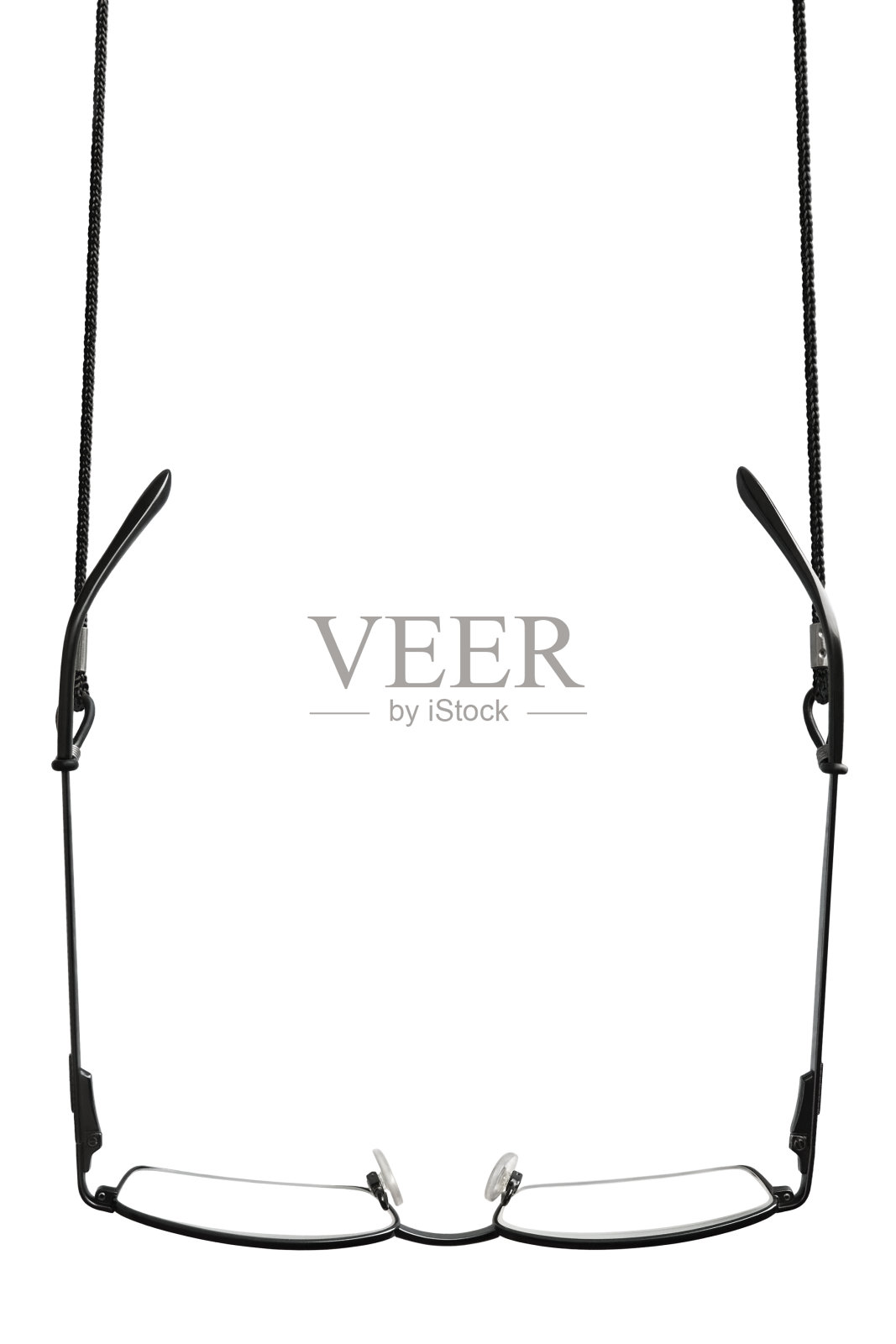 黑色阅读眼镜，眼镜绑带固定器，孤立挂读者croakies，空白空白垂直拷贝空间背景，近视眼视力老花眼视疲劳远视远视问题概念，大细节眼镜，微距特写，插画图片素材