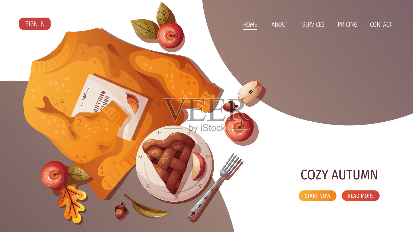 黄色毛衣，书，苹果派。秋天，收获，感恩节，温馨的家插画图片素材