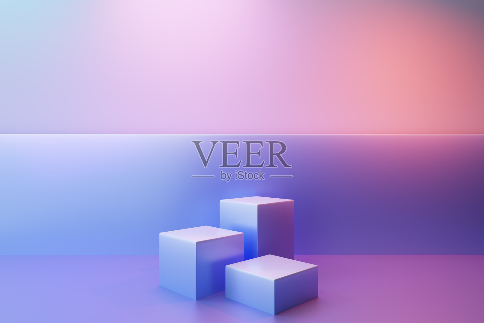 粉红色和蓝色背景上的三个立方体平台照片摄影图片