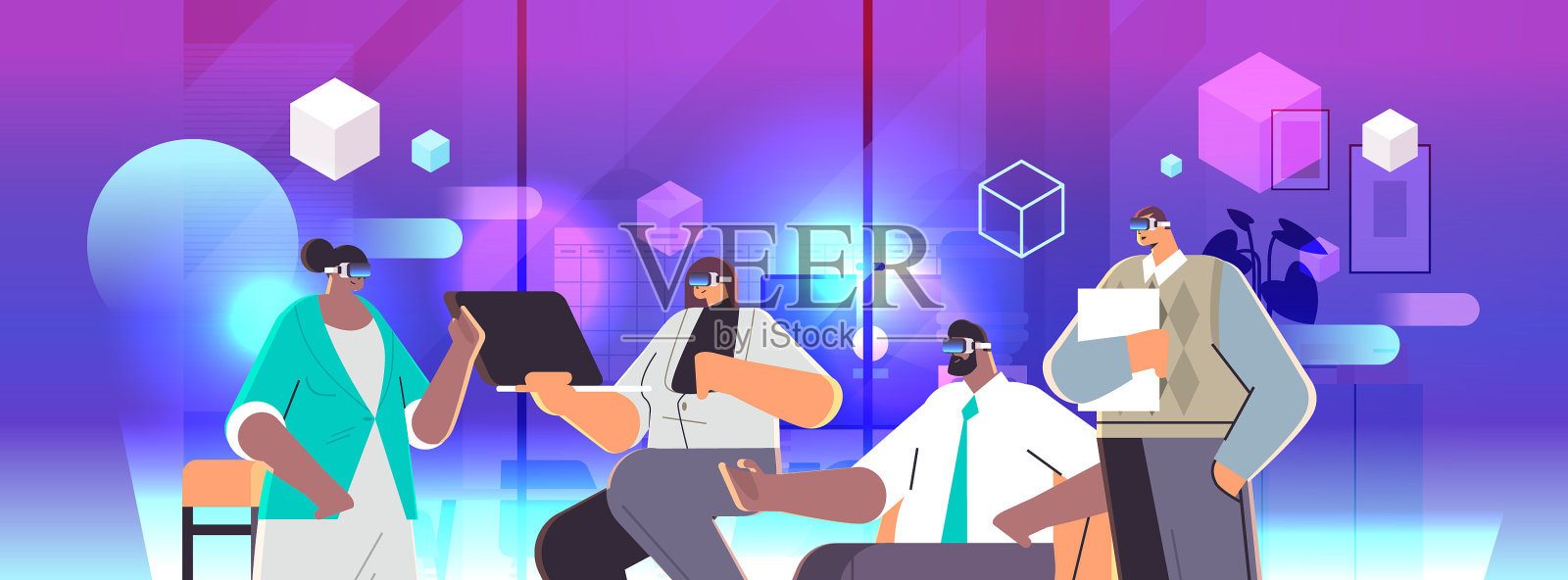 让不同种族的商人戴上数字眼镜插画图片素材