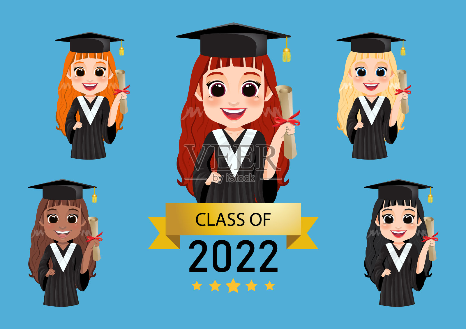 快乐女毕业生在学术服装举行插画图片素材