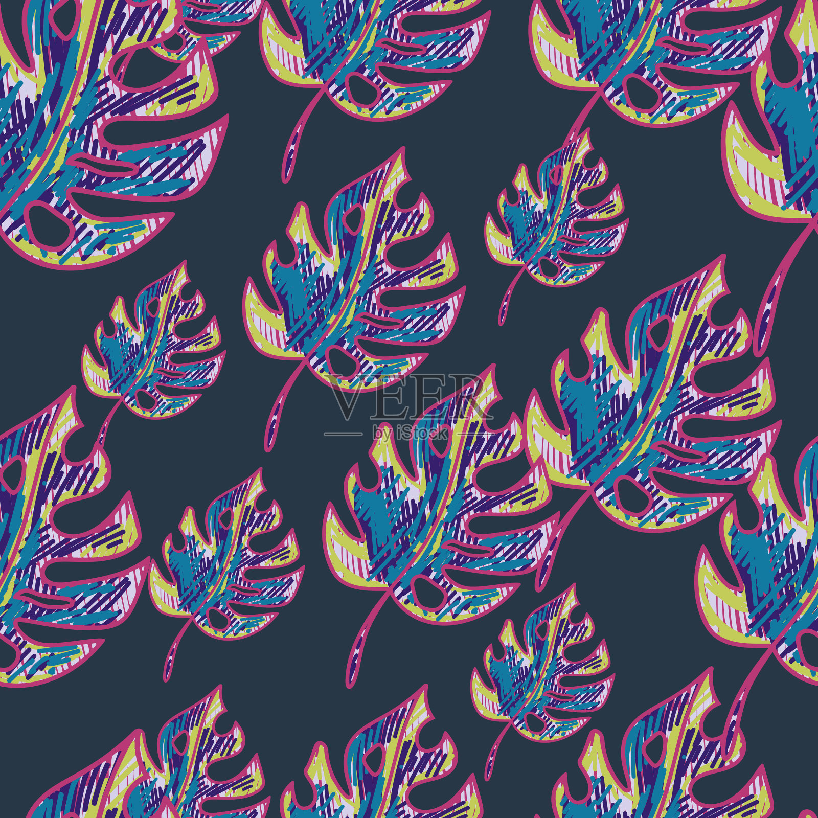 涂鸦怪兽树叶热带无缝插画图片素材