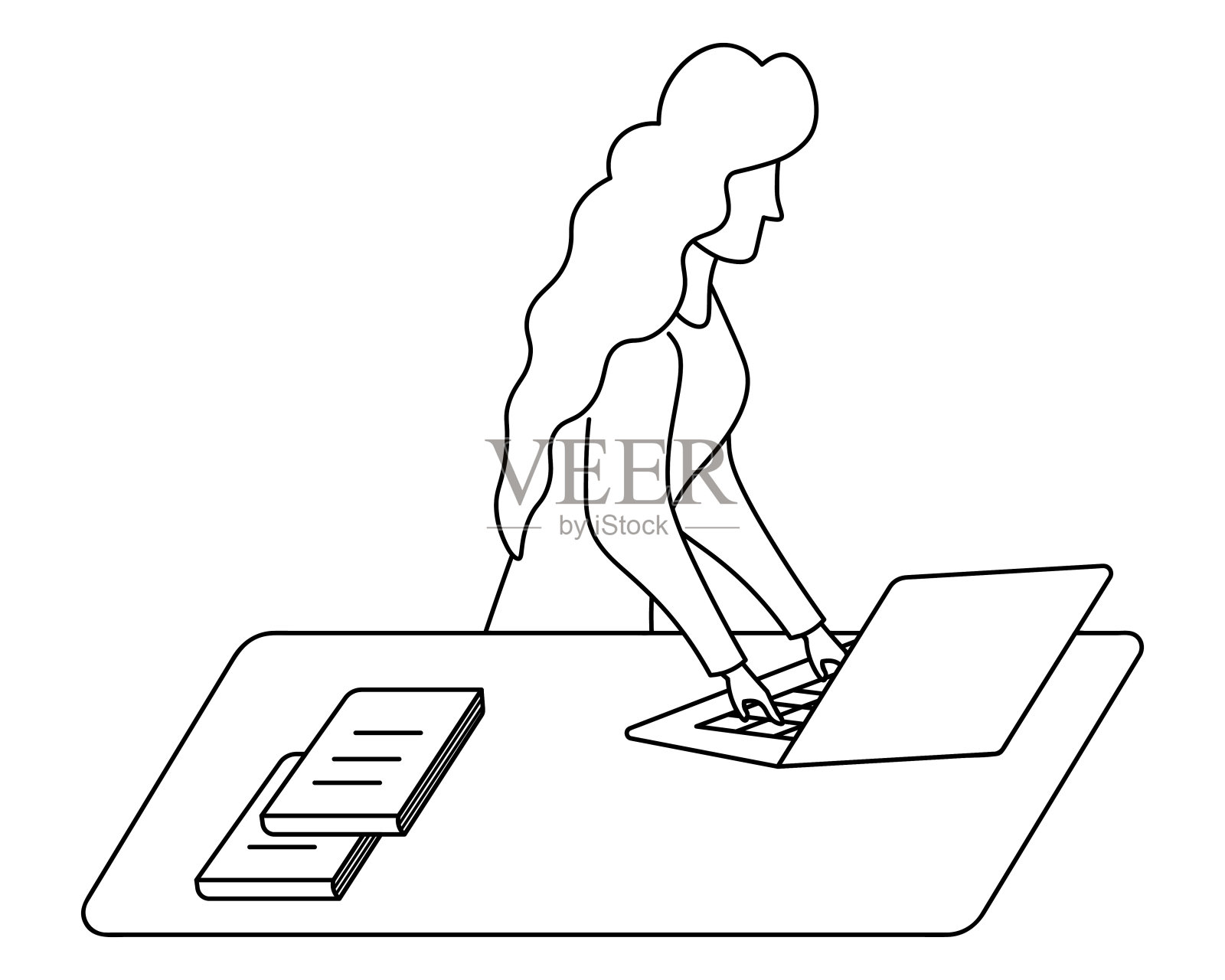 一个女商人在笔记本电脑前工作，一个长卷发的学生走近放书的桌子插画图片素材