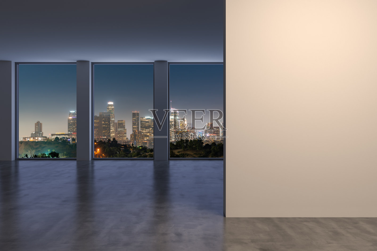 从高空窗口俯瞰洛杉矶市区天际线建筑。美丽昂贵的房地产俯瞰。空房间内部。模型墙。摩天大楼。的夜晚。加利福尼亚。3 d渲染。照片摄影图片