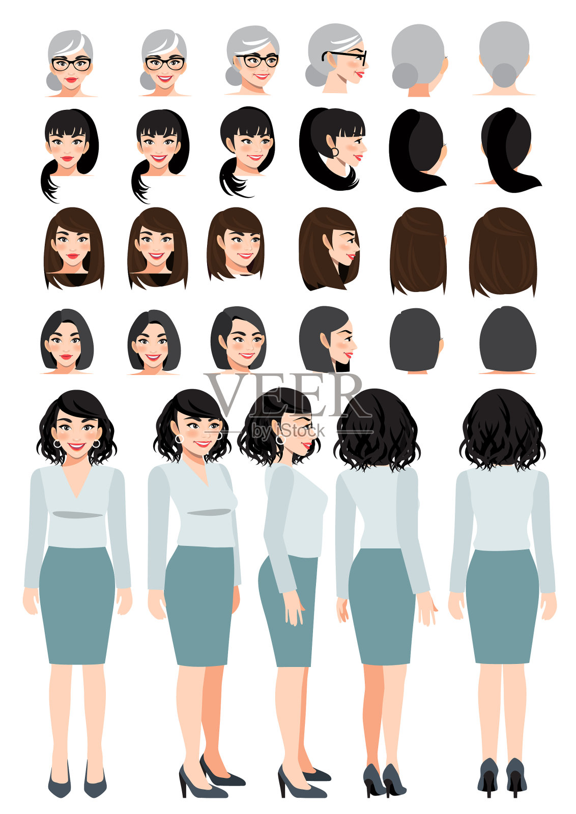 商业女性卡通人物在绿色粉彩插画图片素材