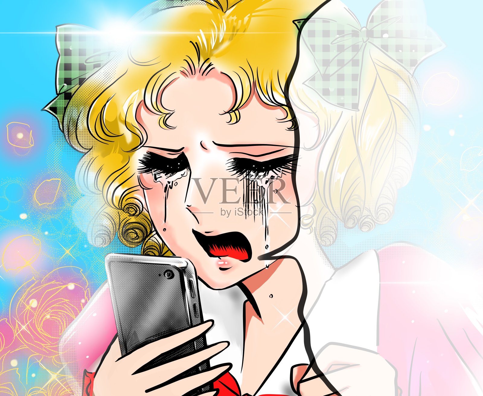70年代的日本手画漫画，一个金发卷发的年轻女子被手机短信甩了，伤心欲绝插画图片素材