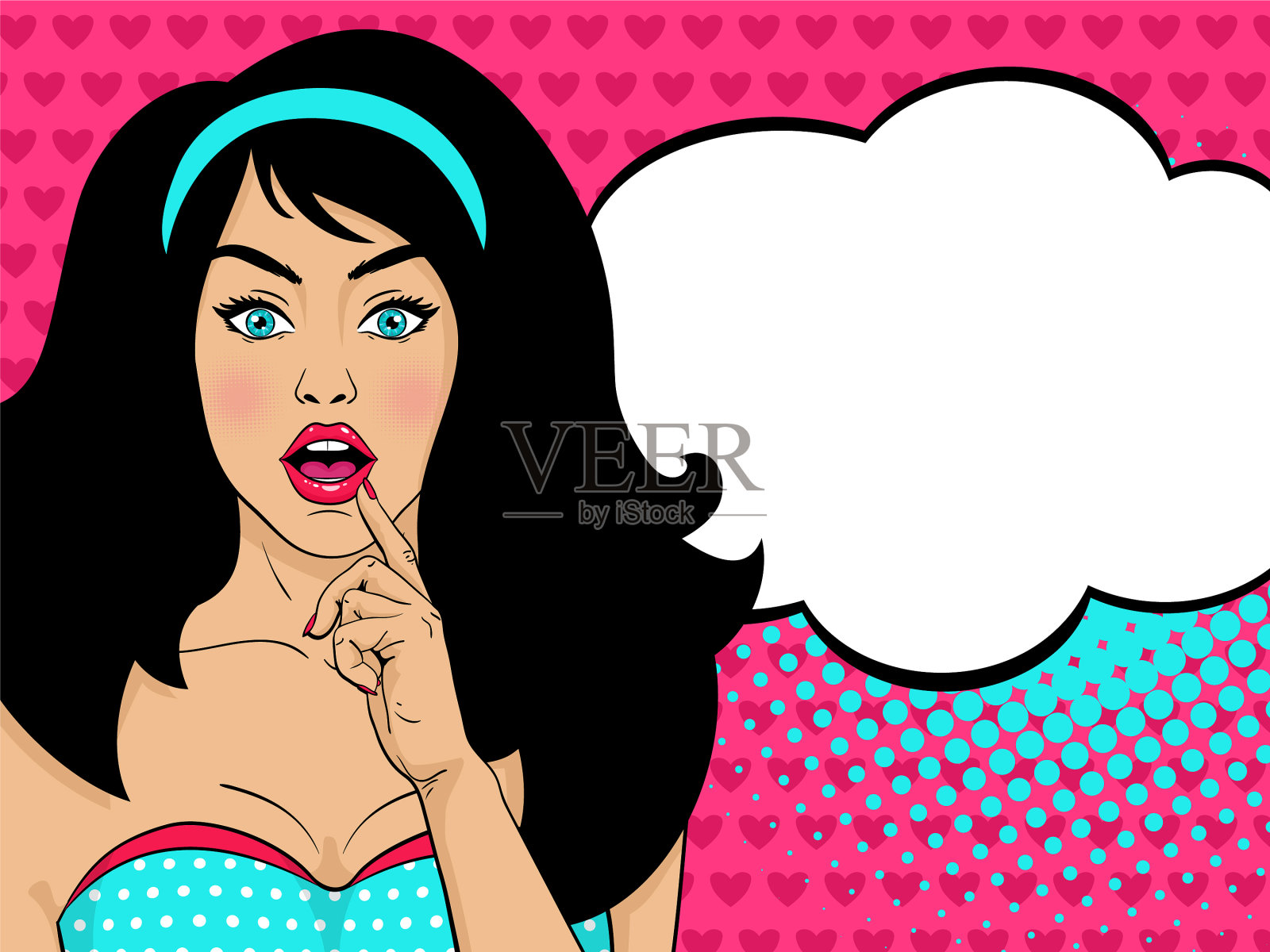 哇波普艺术女性的脸性感惊讶的女孩与插画图片素材