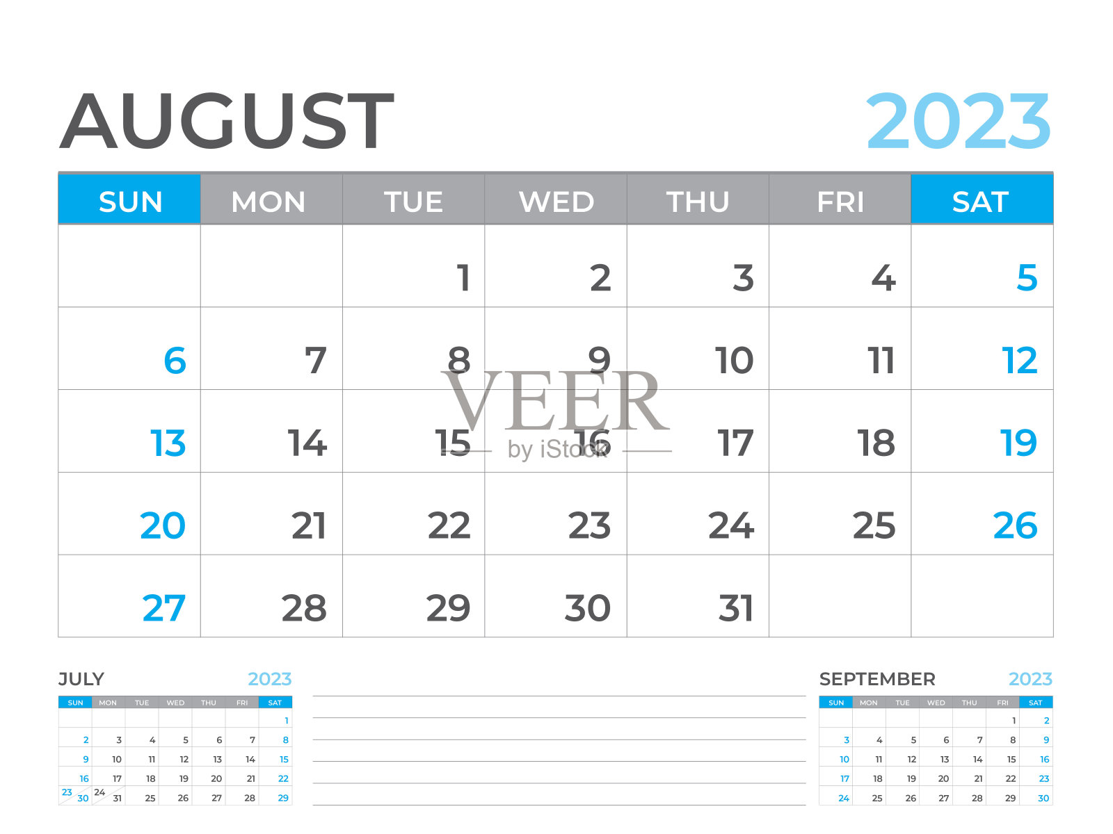 2023年8月页面，日历2023模板，台历2023年，规划师设计，墙日历，星期从周日开始，文具设计，办公桌办公室，组织者办公室，矢量eps10设计模板素材