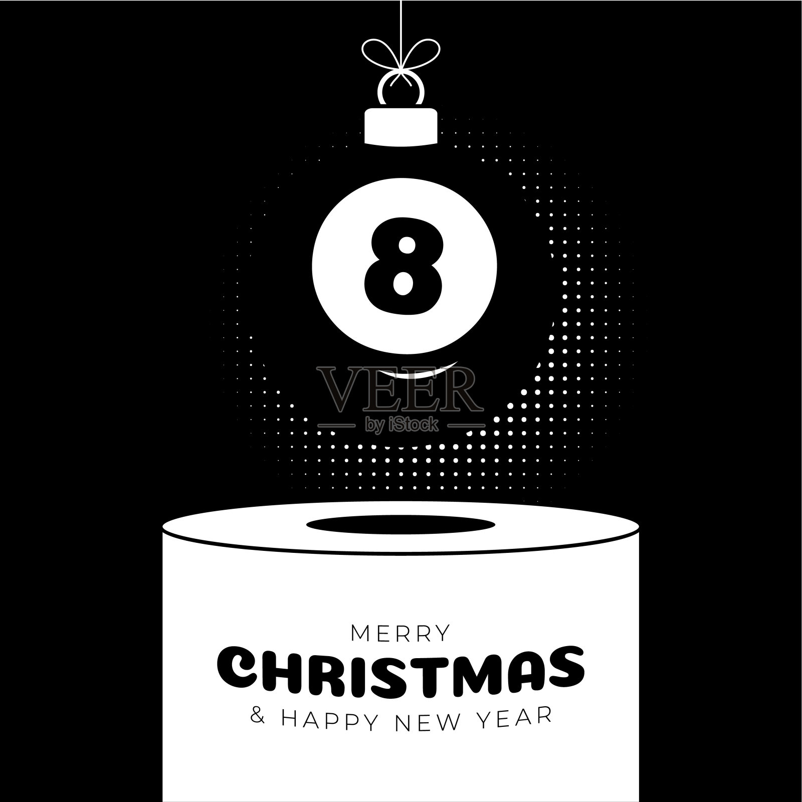 台球圣诞饰品基座。圣诞快乐运动贺卡。悬挂在白色讲台上的台球，如圣诞球，黑色背景。运动时尚矢量插图。插画图片素材