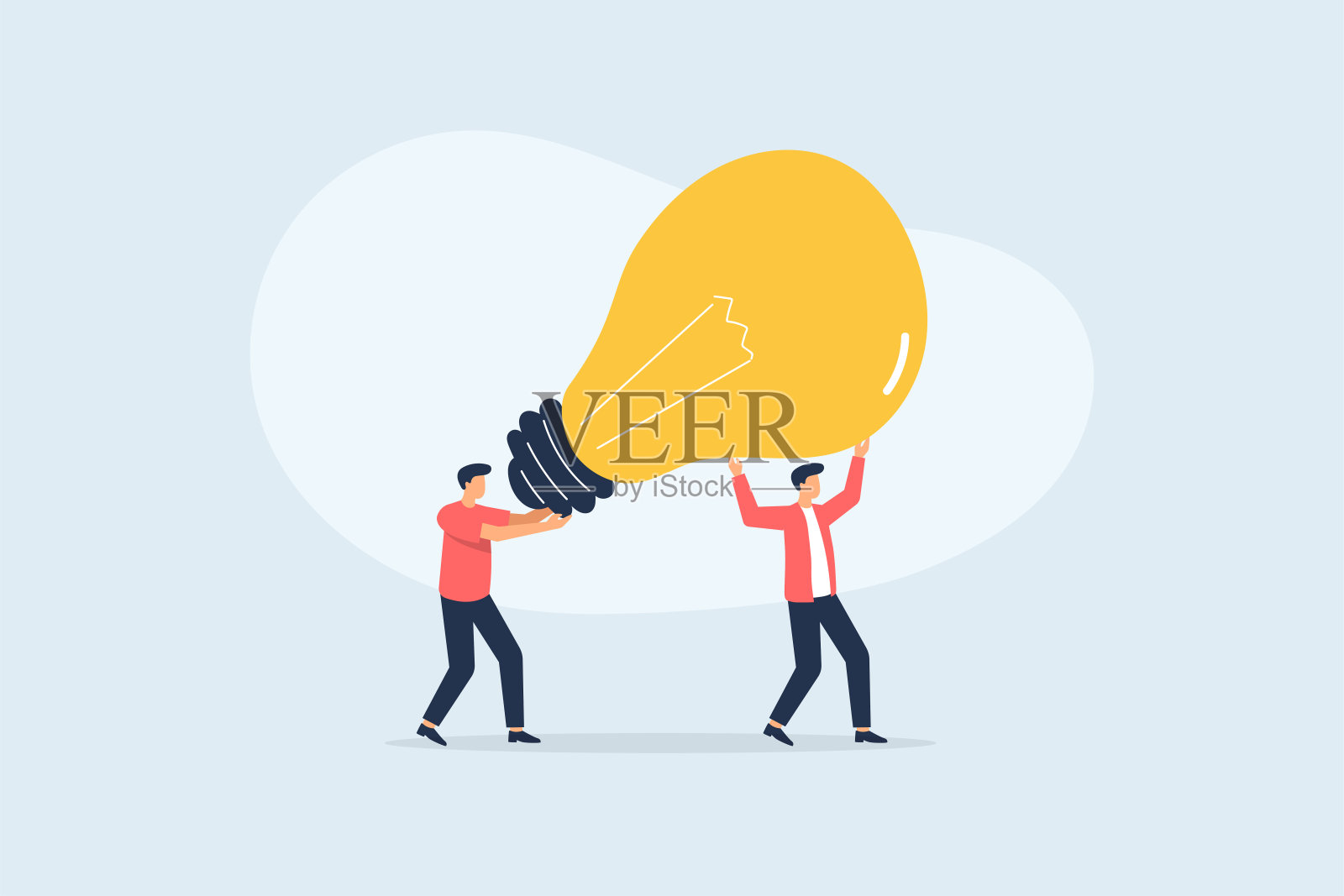 一个成功的团队要有创新的想法。团队合作理念带来大智能灯泡创新理念。矢量图插画图片素材