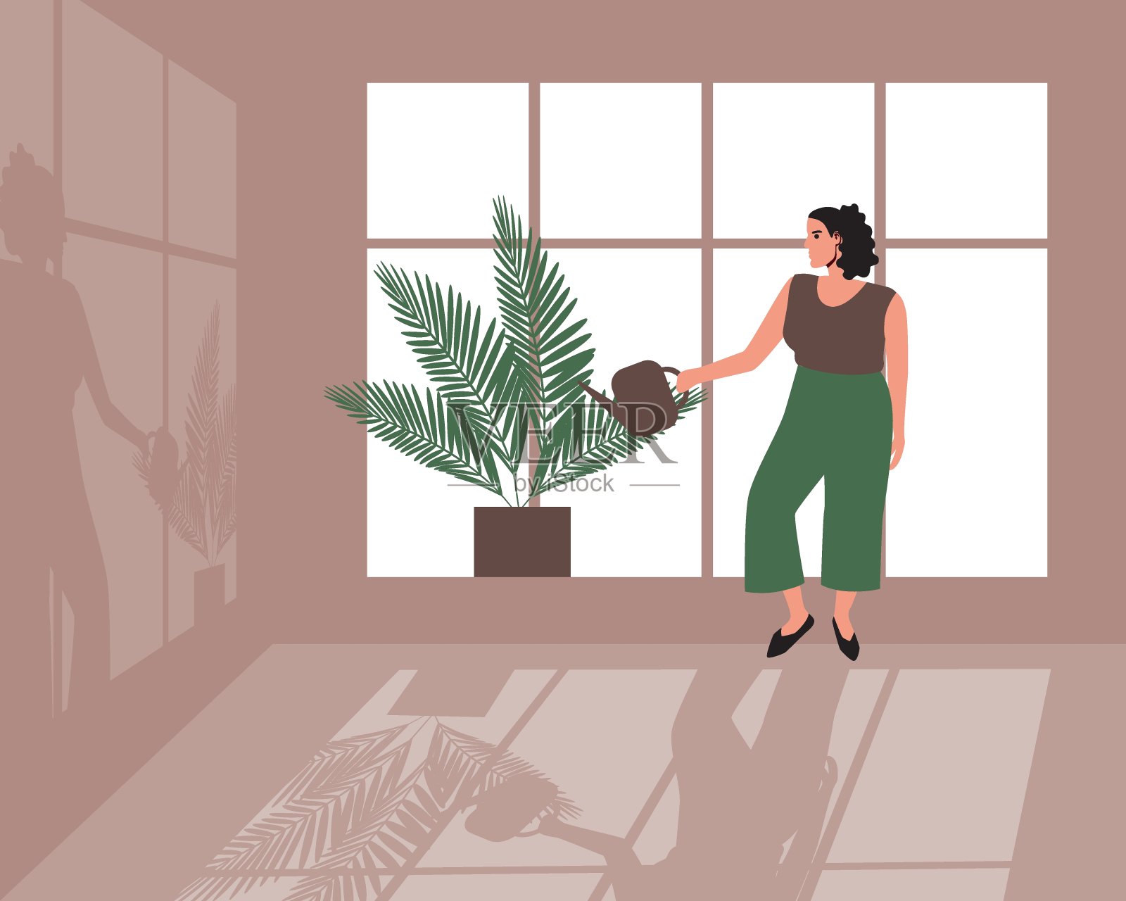 成年女子在室内浇灌植物作为爱好，平面矢量插图与房间的窗户和遮阳，舒适的房间插画图片素材