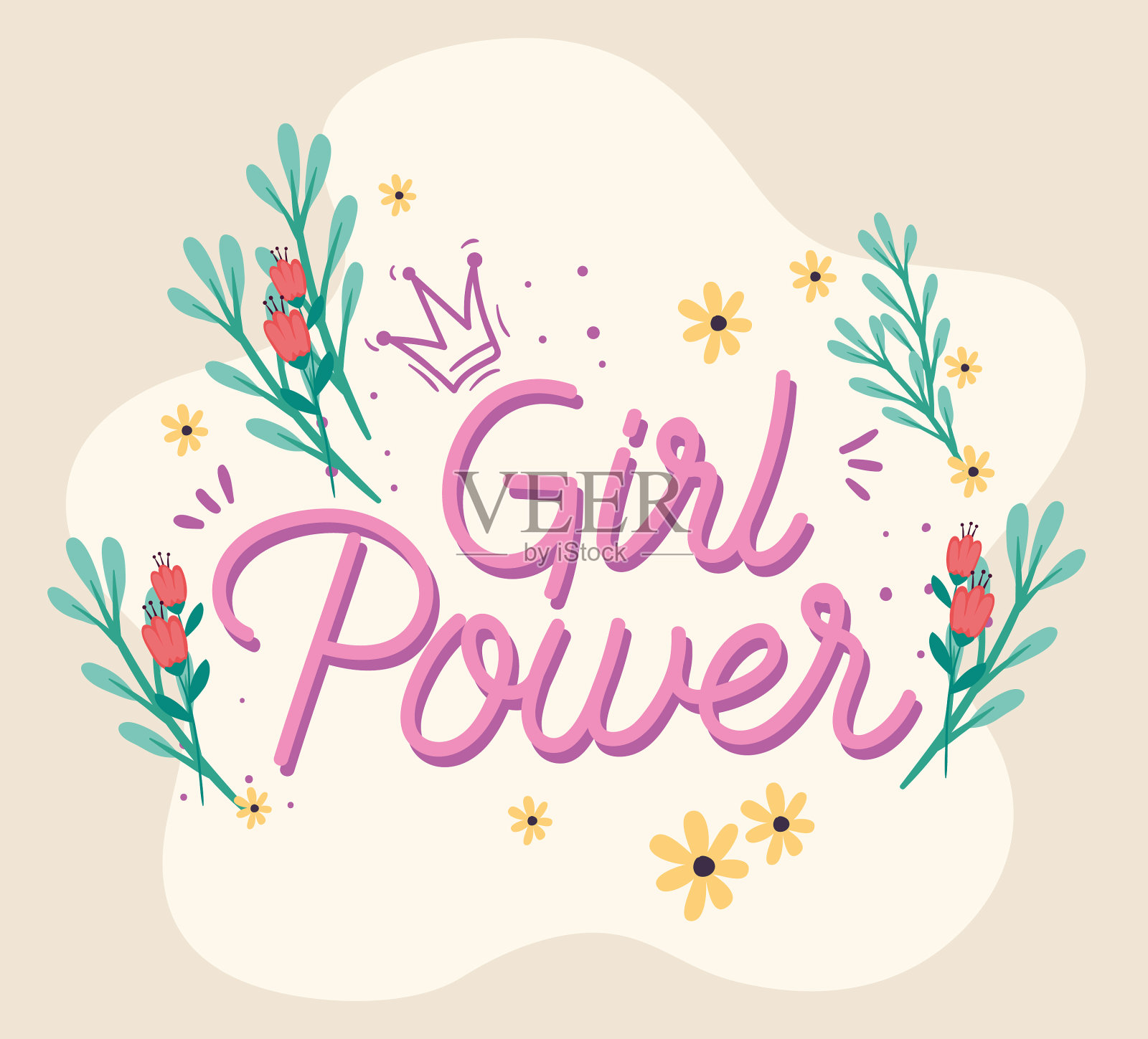 女孩力量的文字和鲜花插画图片素材