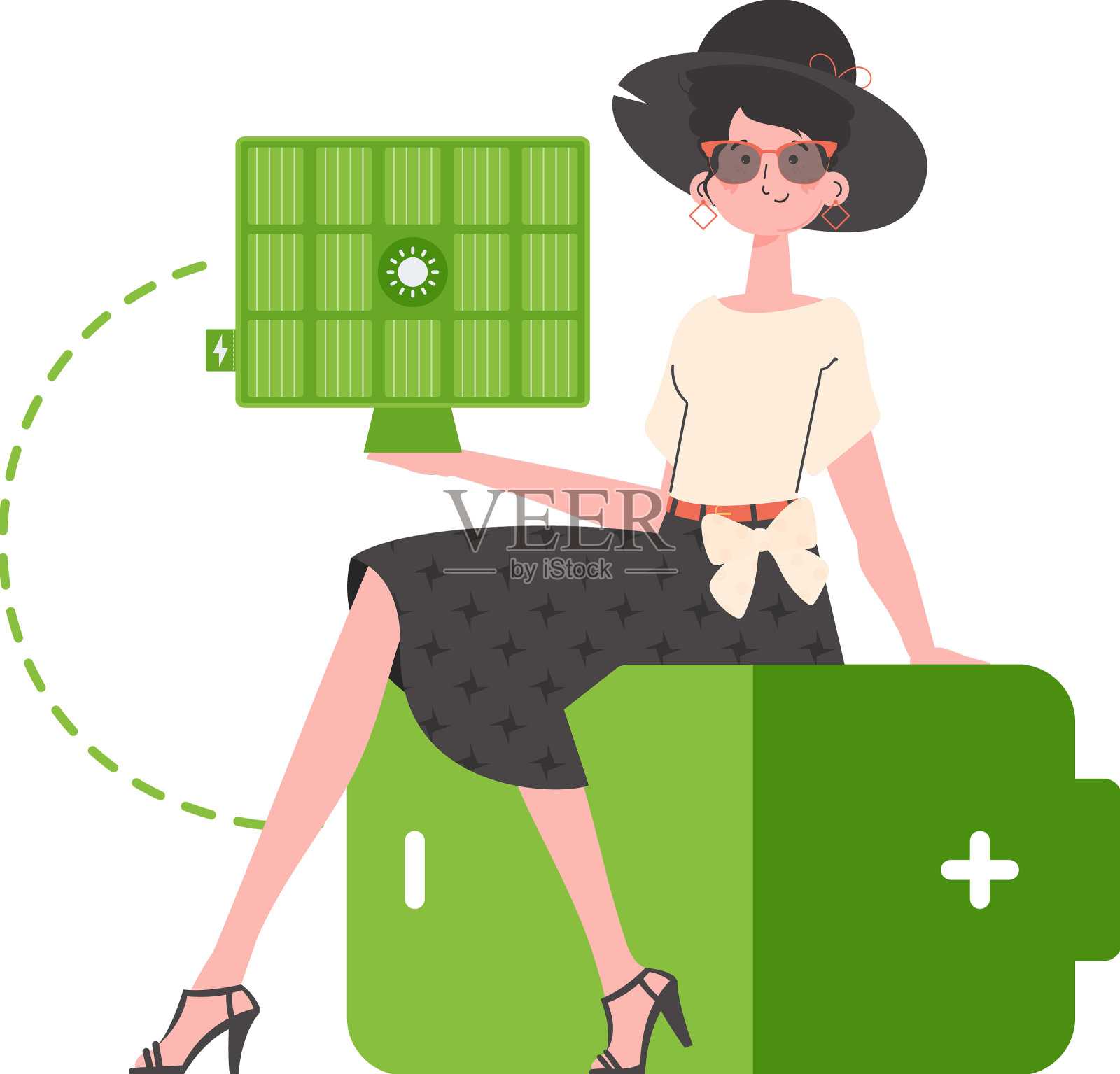 女孩坐在电池上，装着一块太阳能电池板设计元素图片