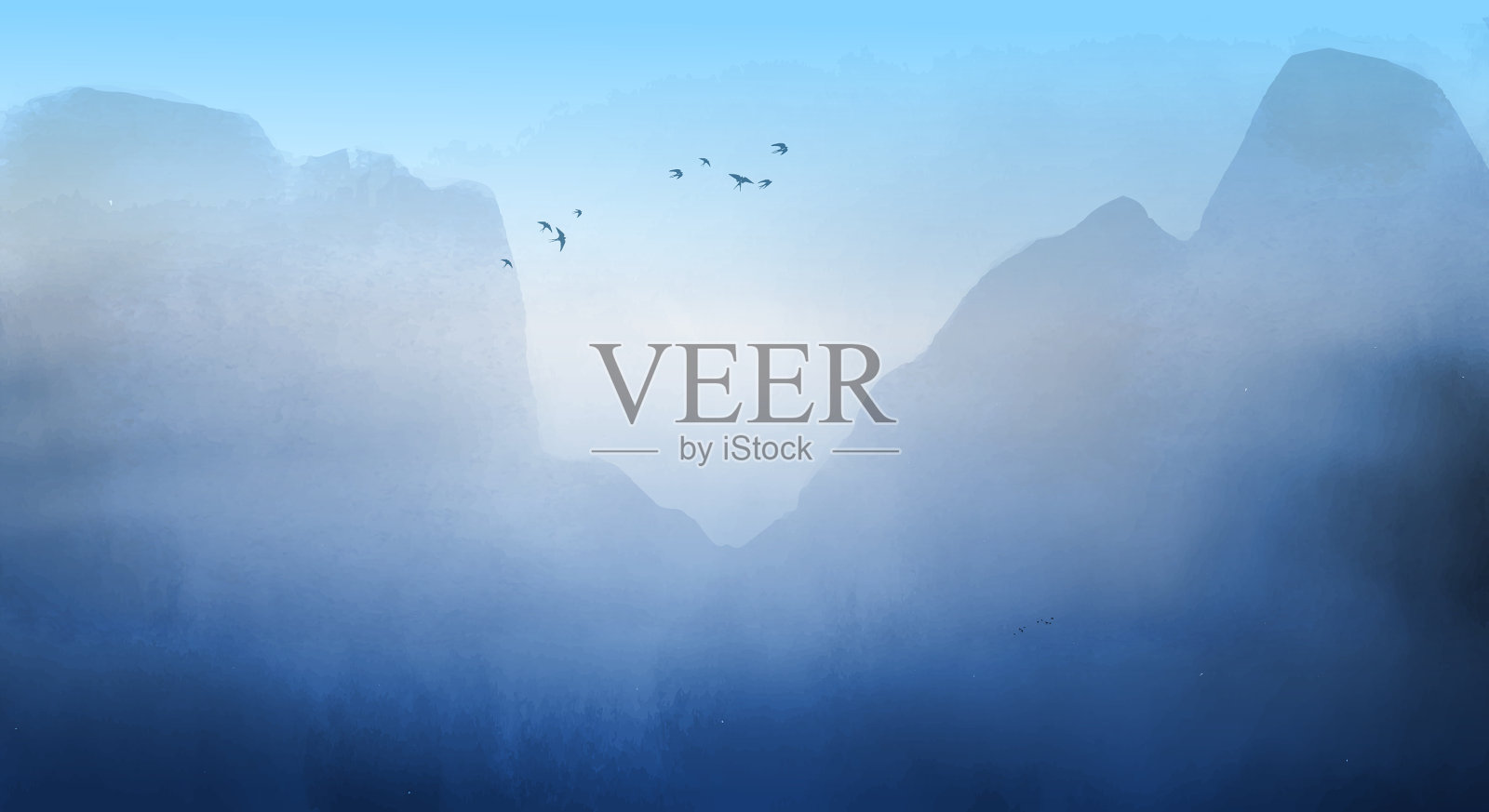 风景与蓝色雾山和羊群插画图片素材