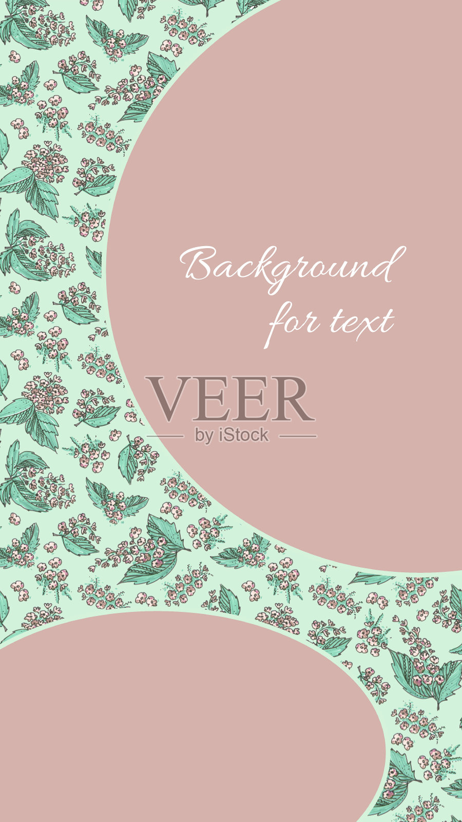 垂直模板背景为节日花卉绿松石无缝图案。圆形和椭圆形的棕色背景文本。毛笔粉色花朵与绿叶元素在风格涂鸦网页横幅。插画图片素材