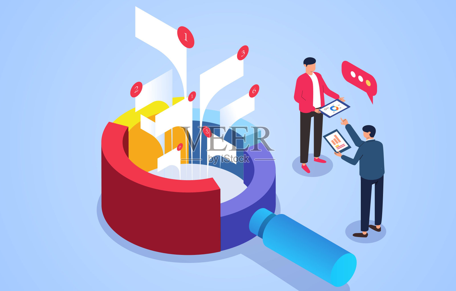 商务顾问，调研市场，财务报告，投资数据或营销报告分析，商务数据分析和讨论，等距语音气泡中间放大镜和饼状图插画图片素材