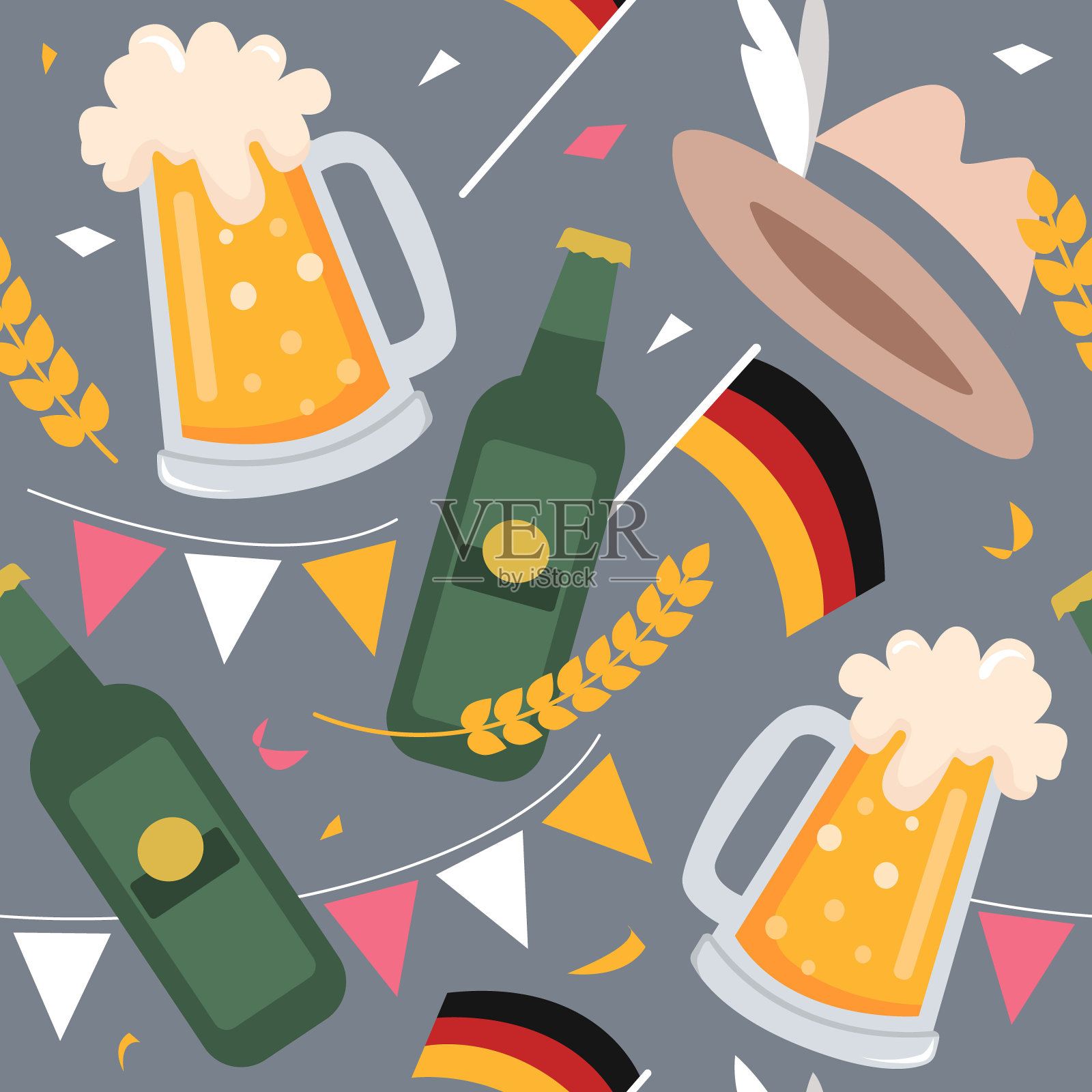 啤酒节日。无缝向量模式为啤酒节从啤酒，小麦，德国国旗。现代插图平。插画图片素材