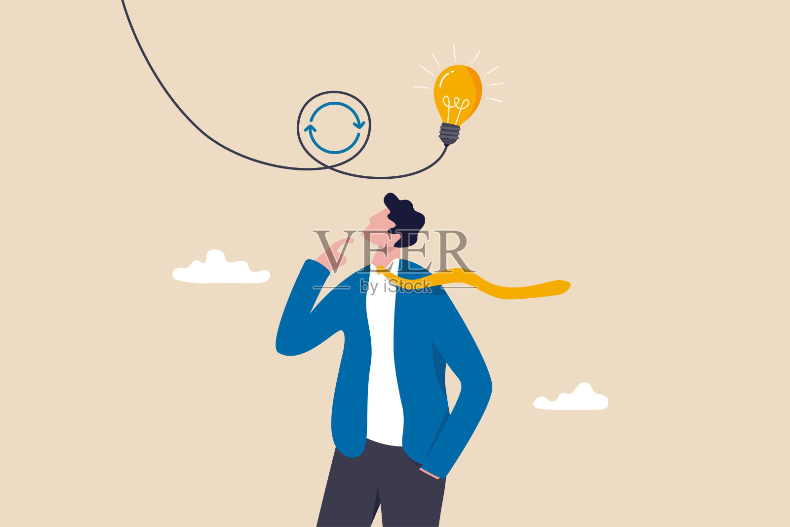 为了更好的结果，重新思考或重新思考做出改变，思考新的解决问题或决策的方法，创新的想法颠覆的概念，聪明的商人重新思考与灯泡的想法。插画图片素材