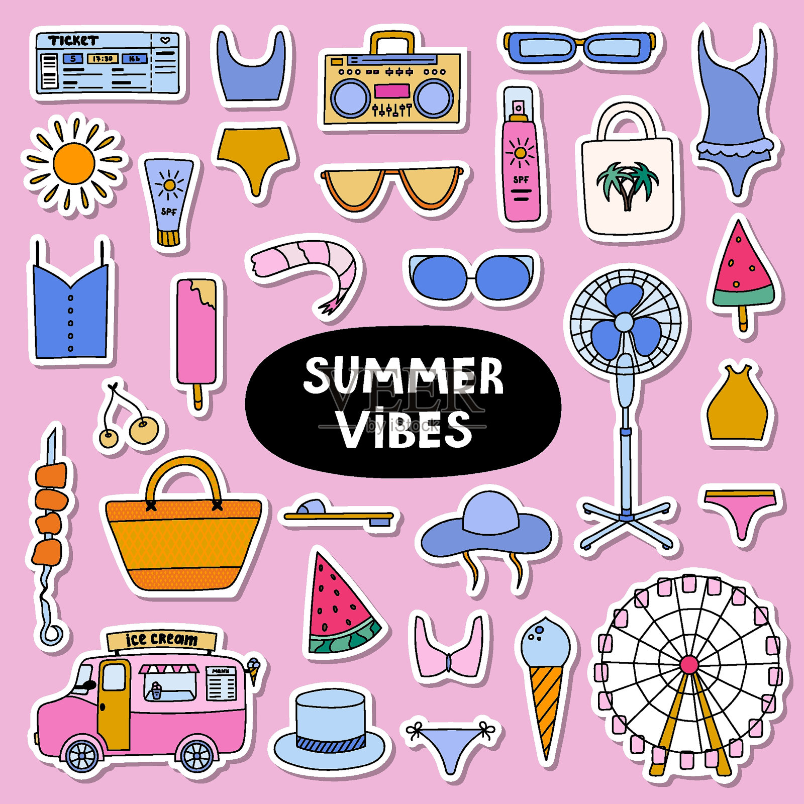 时髦的一套贴纸关于暑假，热带海滩，炎热的夏季休息计划。准备打印贴纸清单。手绘矢量度假集季节性的饮料，娱乐，装备插画图片素材