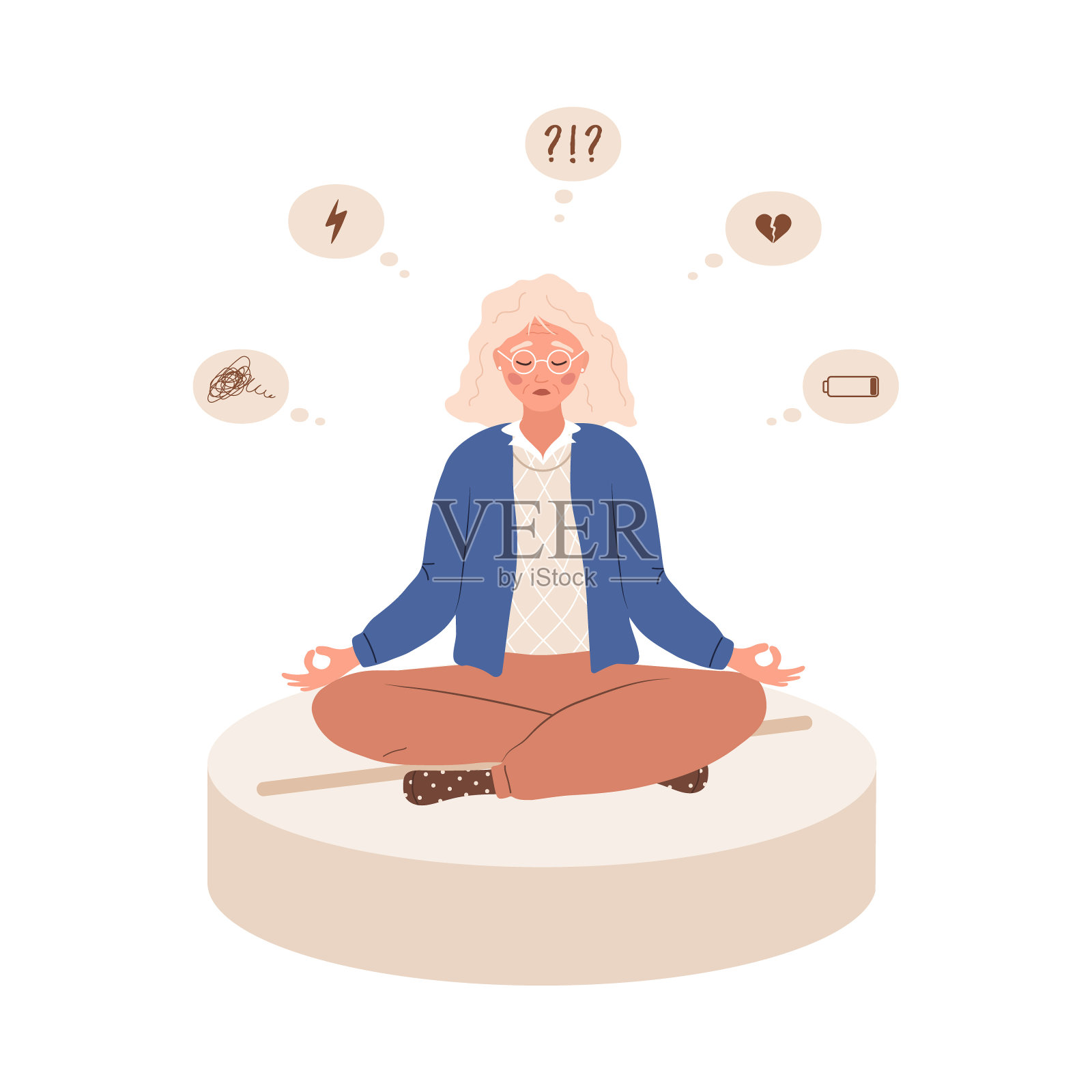 悲伤的女人坐在大药丸上。抑郁症药物。不快乐的老年妇女需要医疗帮助。心理疾病概念。扁平卡通风格矢量图插画图片素材