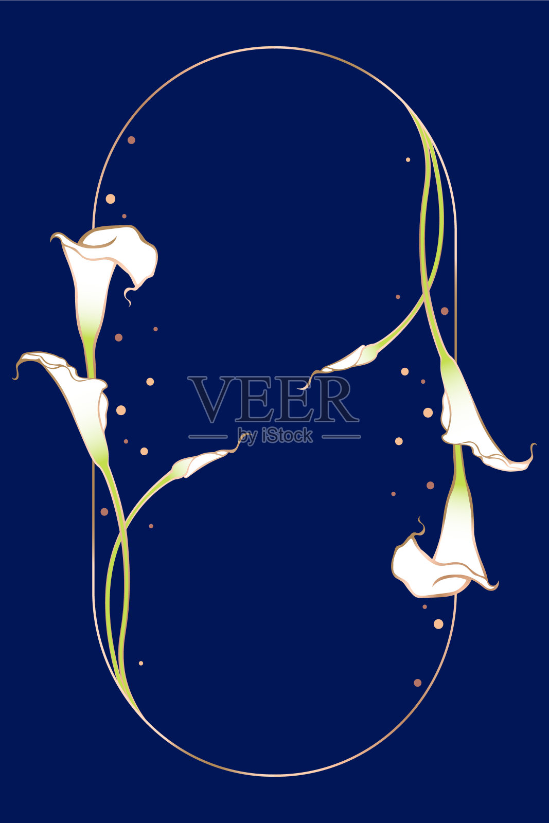 带有花卉装饰的金色框架。装饰艺术风格。圆形框架与马蹄莲。邀请卡的框架。插画图片素材