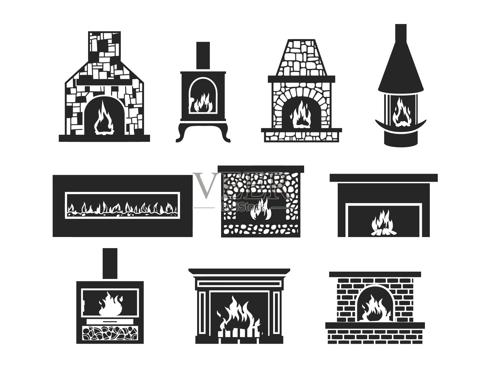 壁炉图标设置为黑色和白色图标素材