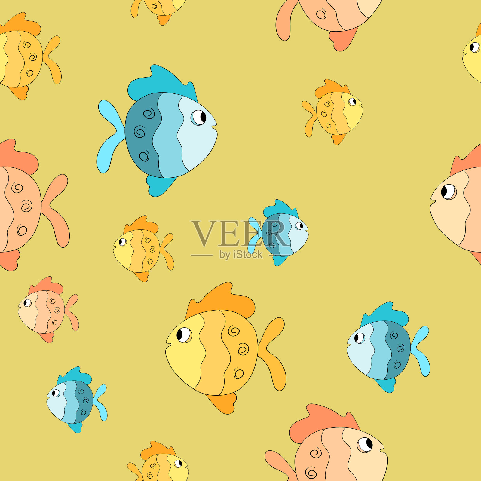 无缝图案与可爱的鱼在颜色上插画图片素材
