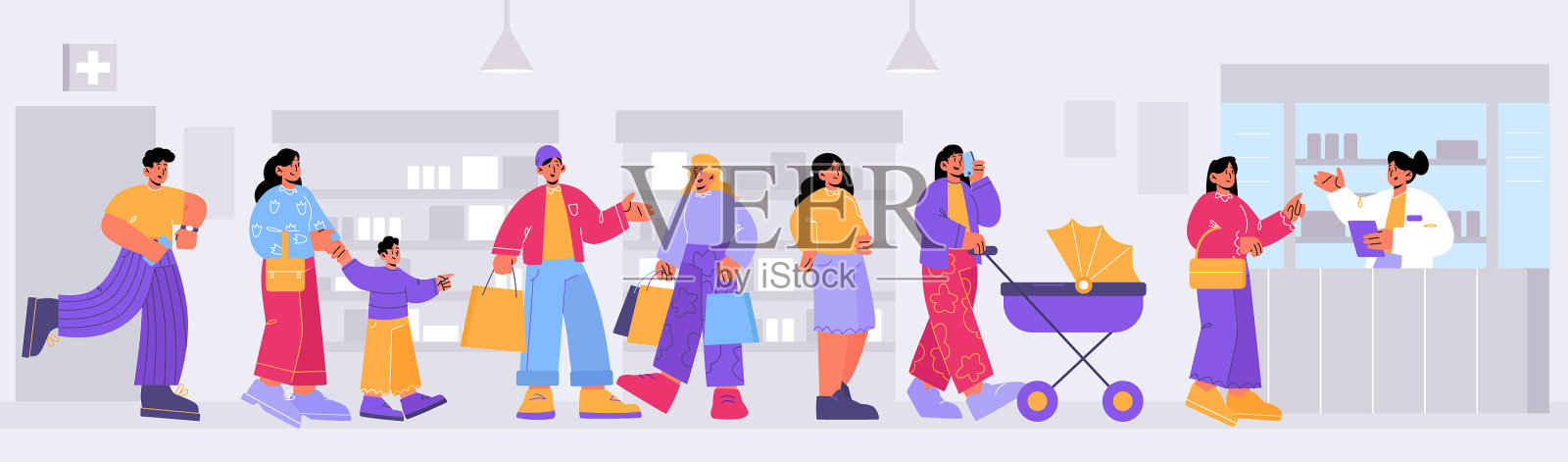 人们在药店排队插画图片素材