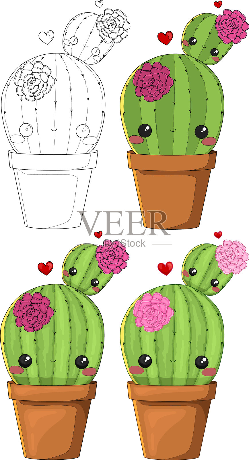 可爱的卡通仙人掌和小仙人掌宝宝插画图片素材