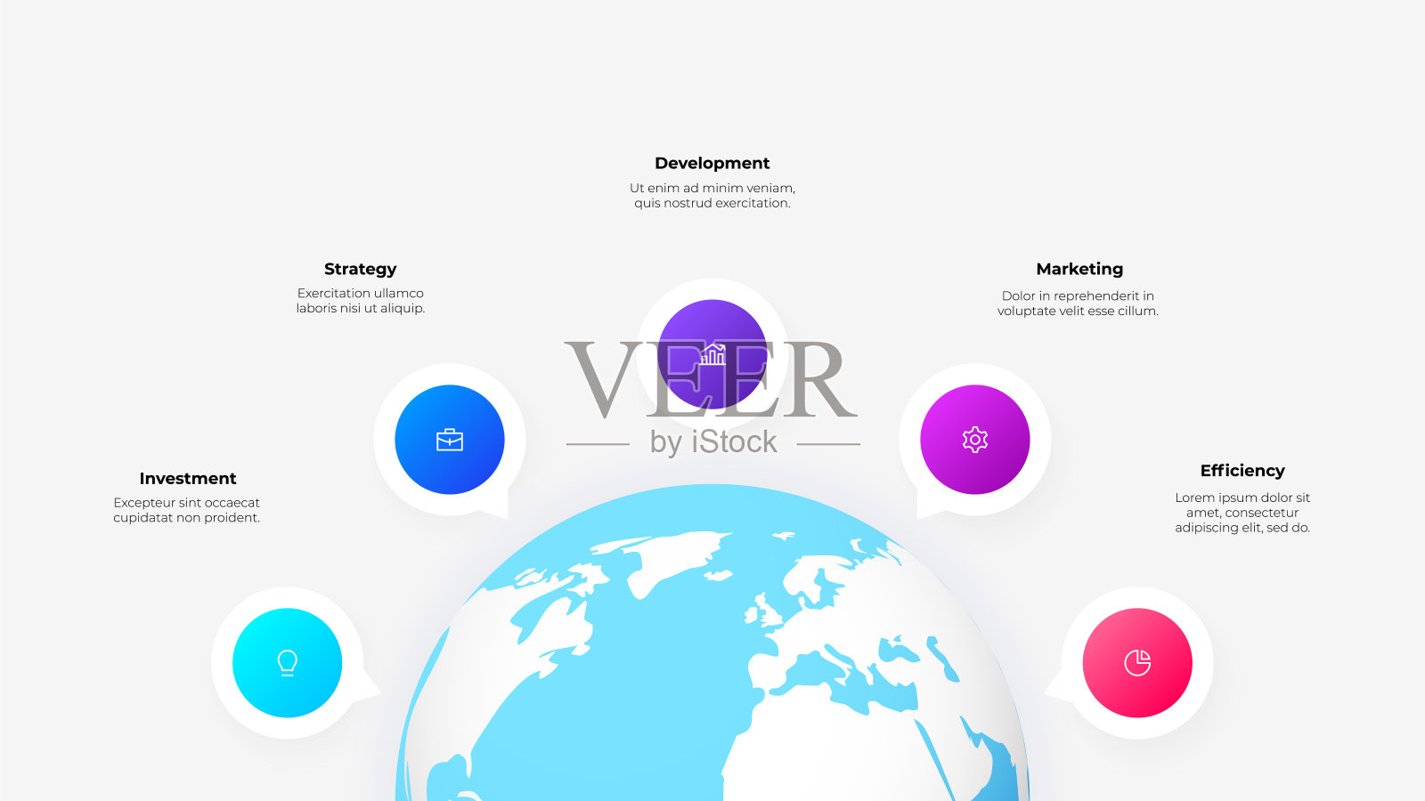 全球信息图业务模板。地球周围有五个圆元素。设计概念有5个步骤。插画图片素材