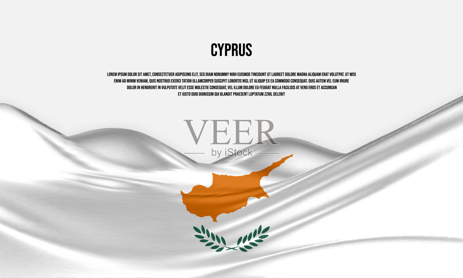 塞浦路斯旗帜设计。飘扬的塞浦路斯国旗由缎面或丝绸织物制成。矢量插图。插画图片素材