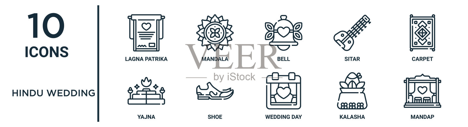 印度婚礼轮廓图标集包括细线lagna patrika，钟，地毯，鞋子，kalasha, mandap, yajna图标报告，演示，图表，网页设计图标素材