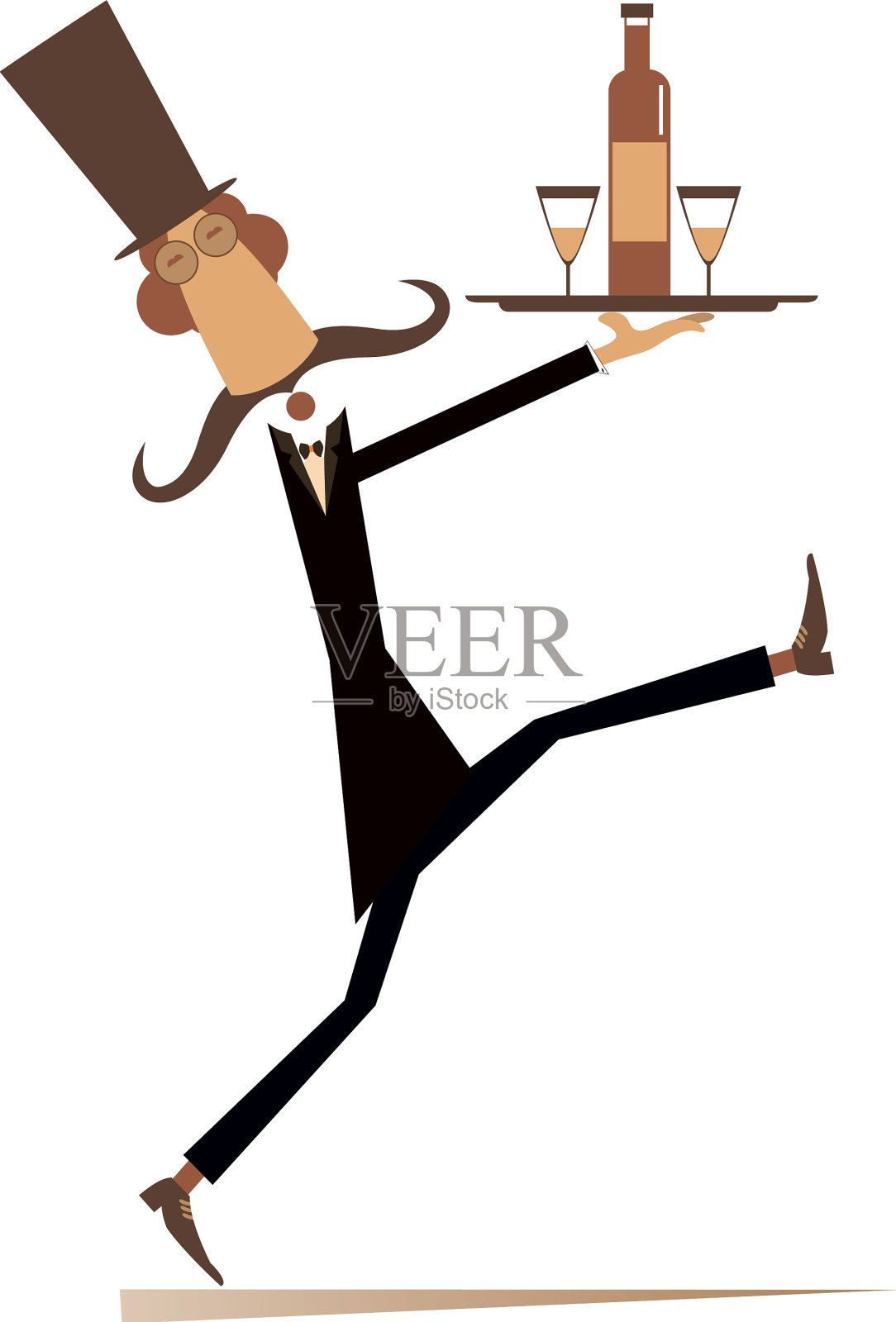 男人拿着一个托盘，里面有一个瓶子和两个玻璃杯设计元素图片