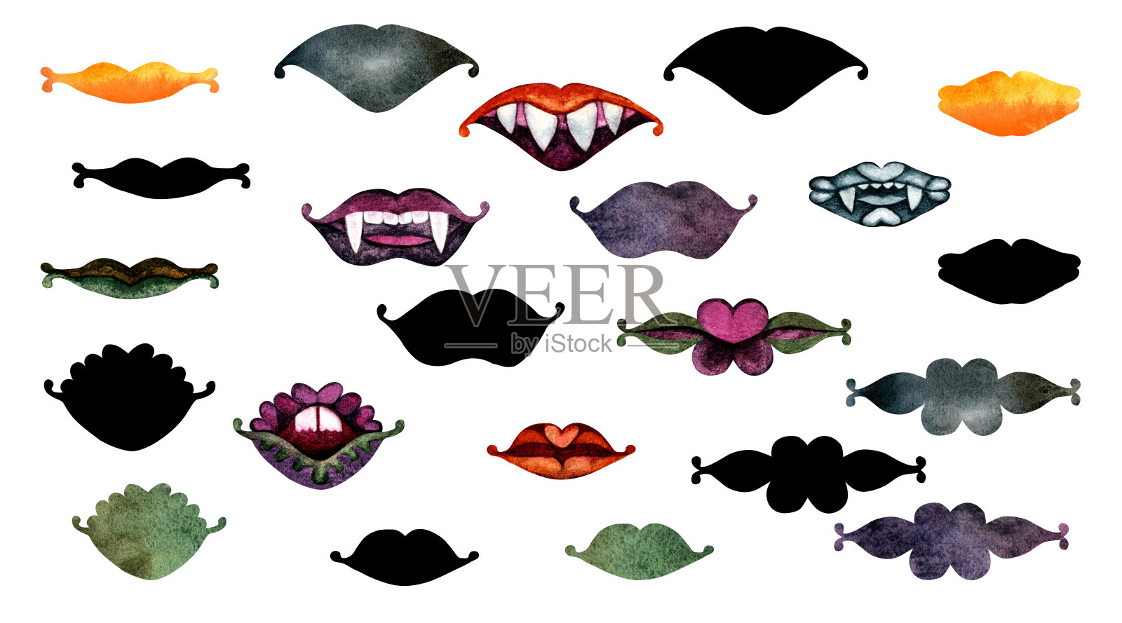 万圣节的一套嘴唇和尖牙和它们的影子插画图片素材