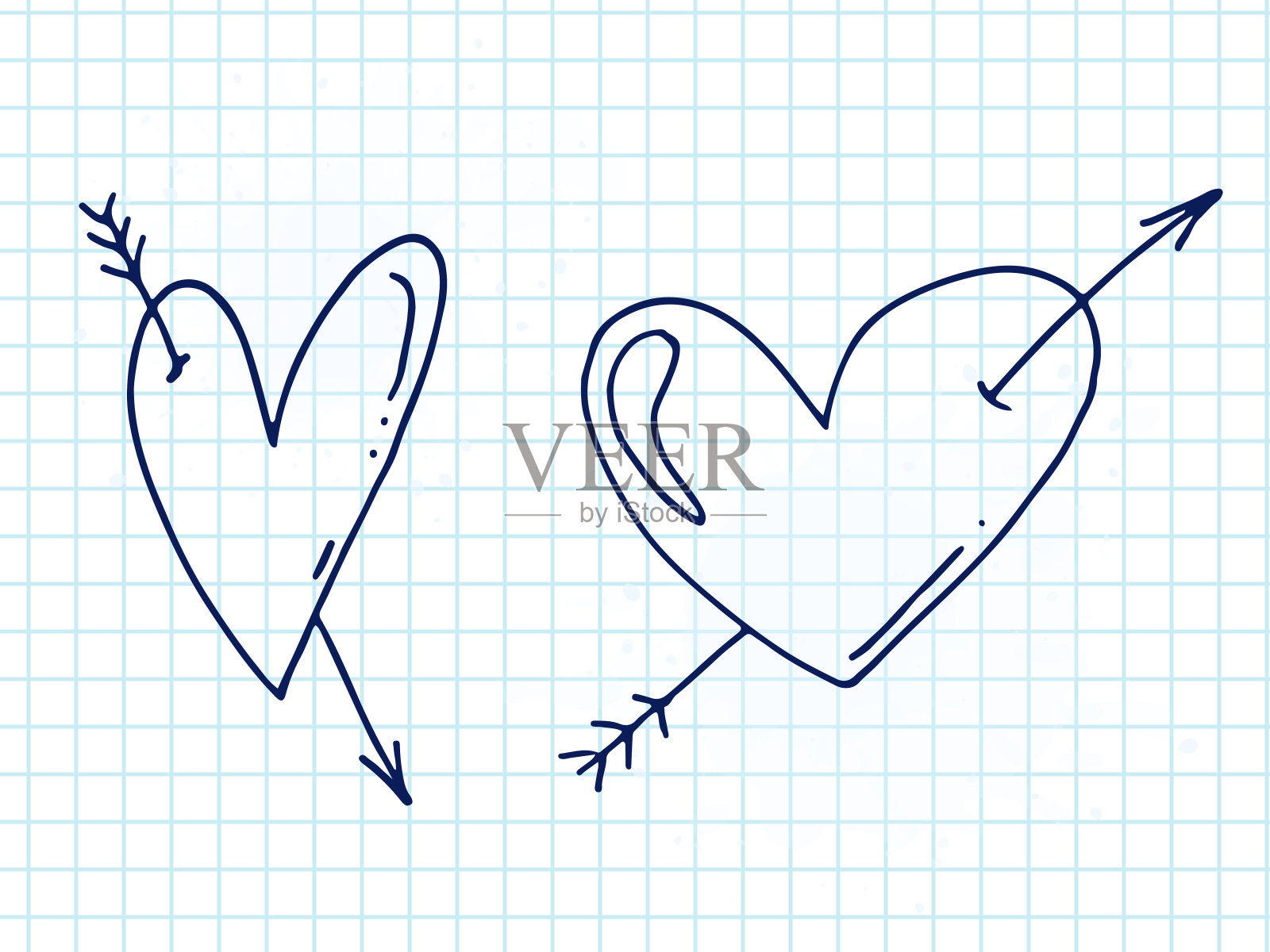 大套可爱的手绘涂鸦元素关于爱。应用程序的消息贴纸。情人节、浪漫事件和婚礼的图标。一段曲折的笔记本。心与丘比特的箭。插画图片素材