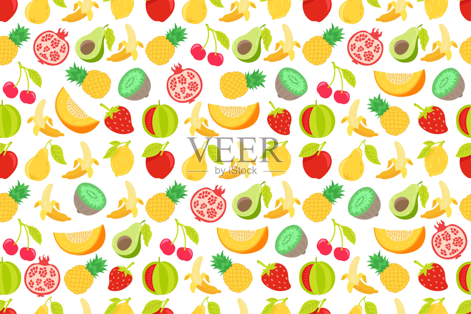 涂鸦水果无缝图案背景。热带水果。多汁的颜色。矢量插图。插画图片素材