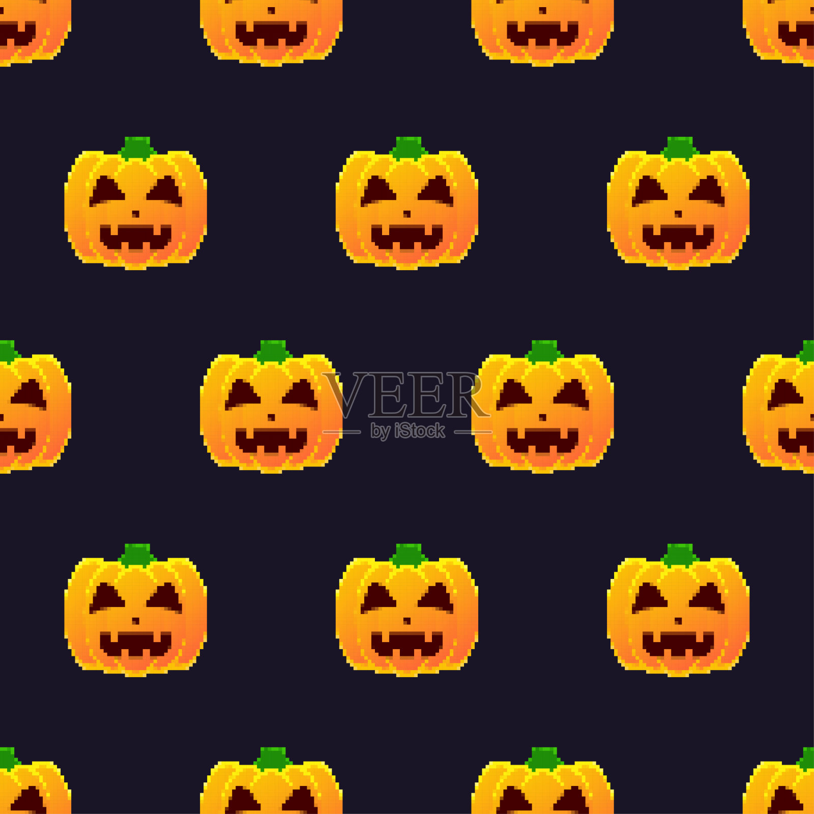 像素艺术万圣节南瓜灯笼。无缝模式与8位南瓜。复古风格的杰克灯图标。万圣节设计用于印刷包装纸，织物，墙纸。矢量图插画图片素材