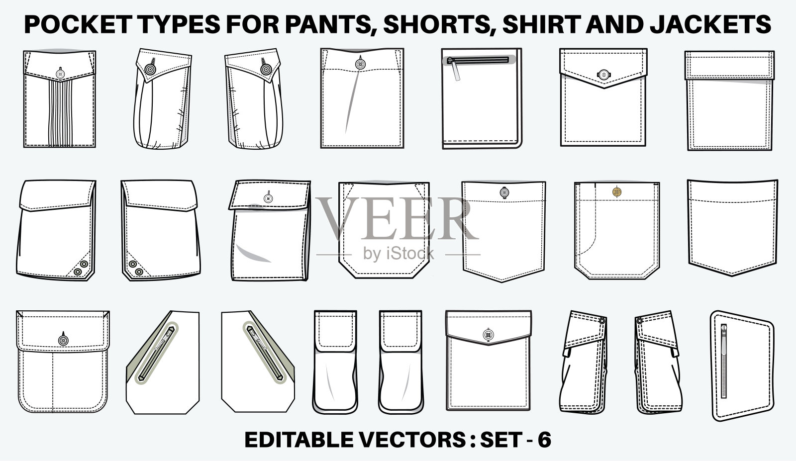 补丁口袋平面草图矢量插图集，不同类型的服装口袋牛仔裤口袋，牛仔布，袖子手臂，货物裤子，连衣裙，包，衣服，衣服和配件插画图片素材