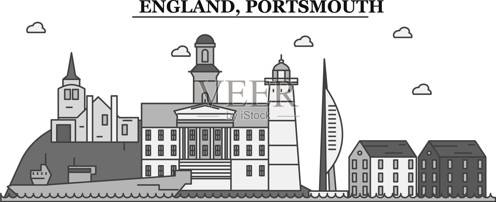 英国朴茨茅斯市天际线孤立插画图片素材