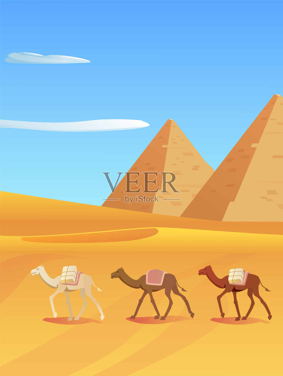 骆驼商队行走在沙漠与金字塔，平坦矢量插图。插画图片素材