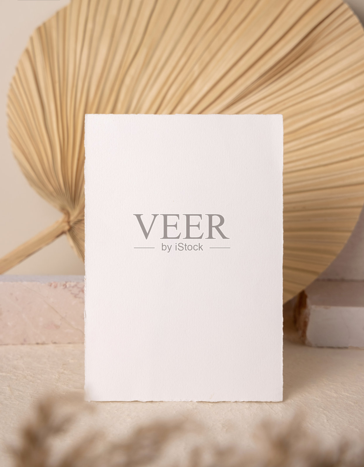 空白卡片近米色石灰华石对干米色棕榈叶近距离，问候模型照片摄影图片