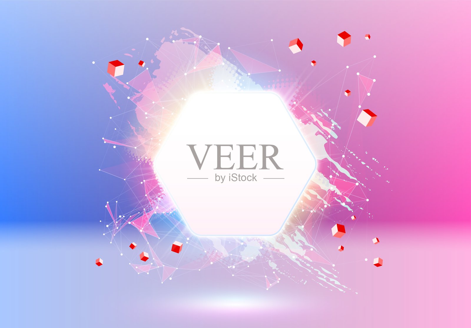 抽象粉色和蓝色蒸汽波风格的背景与闪亮的霓虹灯框架，笔触，半色调斑点和三角形虚线网格。插画图片素材