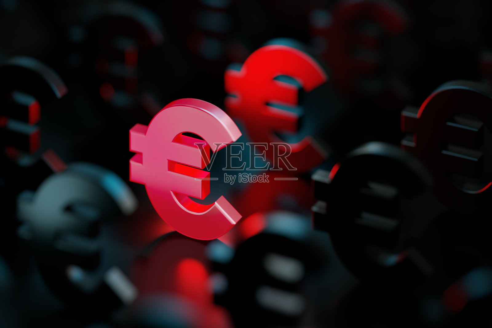红色的欧元符号在黑色背景上发光的黑色欧元符号符号照片摄影图片
