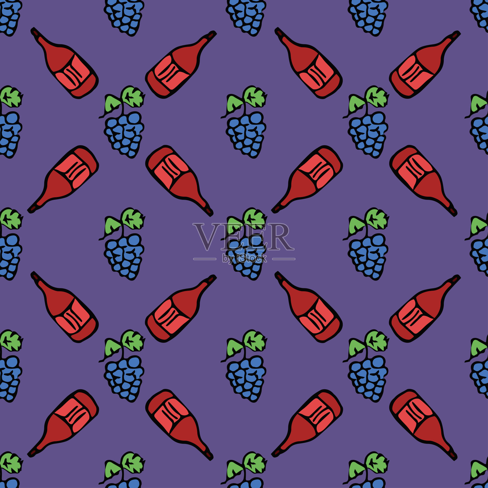 无缝酒模式。矢量涂鸦插图与酒和葡萄。模式与酒插画图片素材