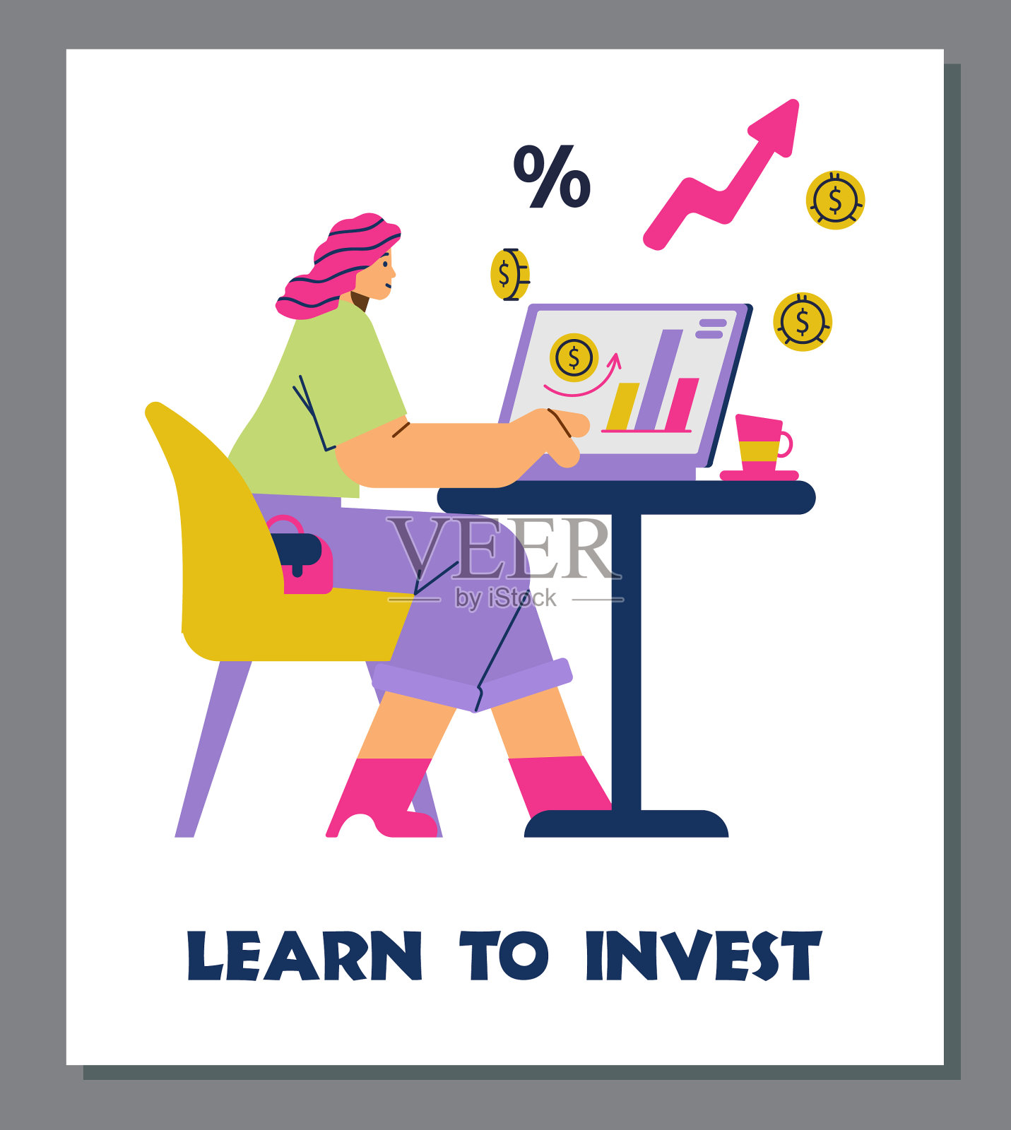 女人用笔记本电脑在网上学习投资插画图片素材