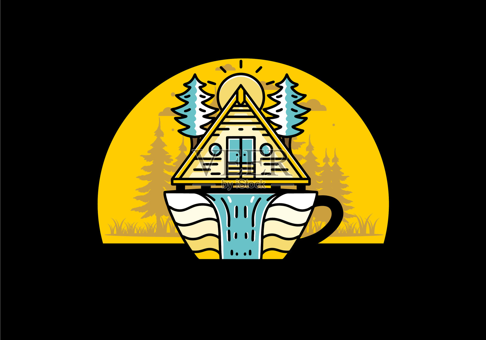 木木屋和松树上的咖啡杯形状插画图片素材