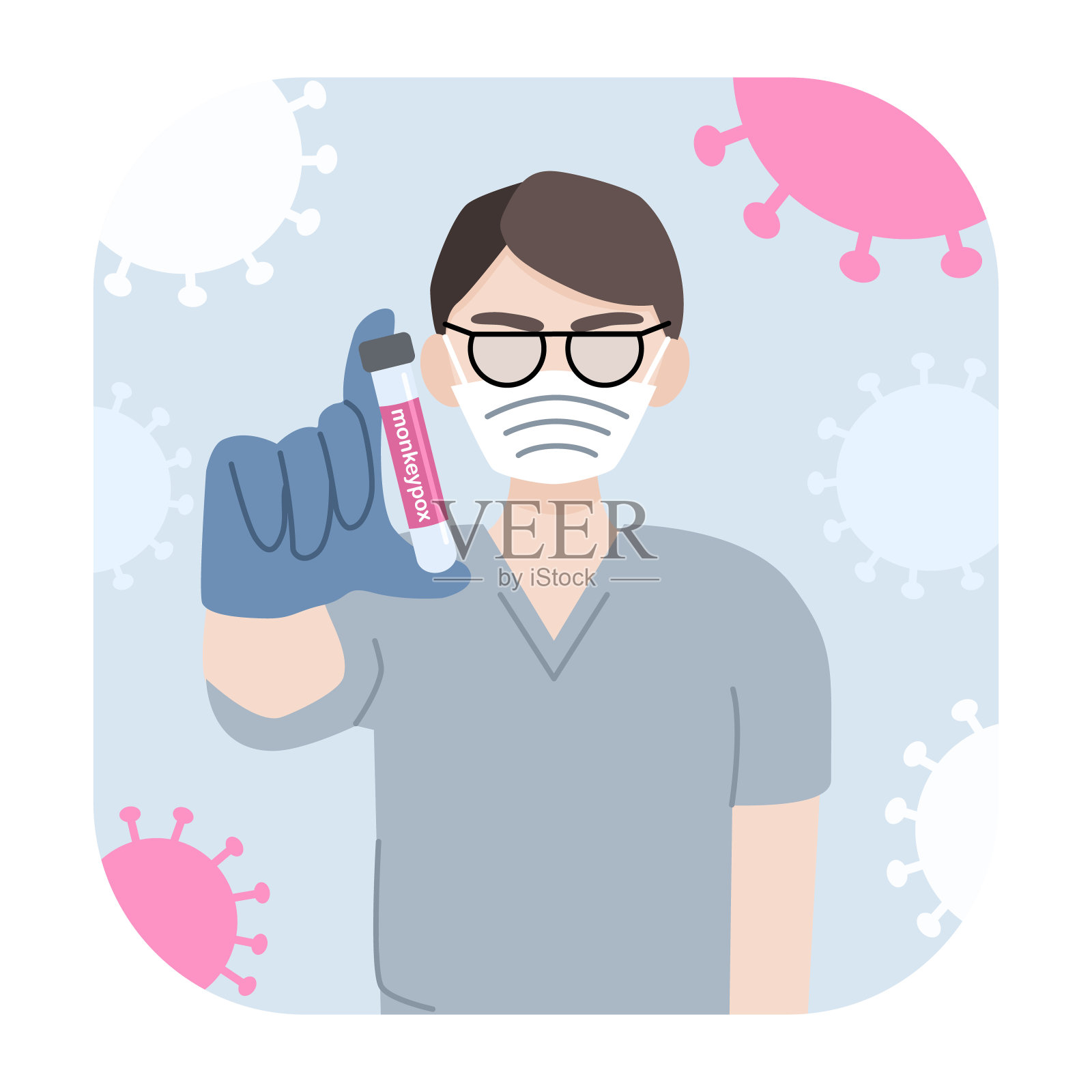 猴痘病毒2022的平面插图。医生手里拿着疫苗。医学概念。插画图片素材