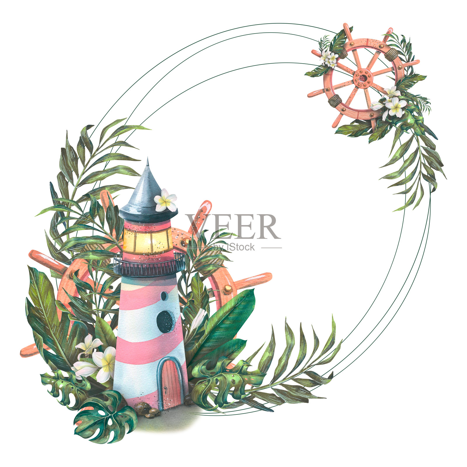 椭圆形框架与海洋灯塔，方向盘和热带棕榈叶。水彩插图。菜单设计和设计板，海滩，纪念品，明信片，海报，贴纸，广告。插画图片素材