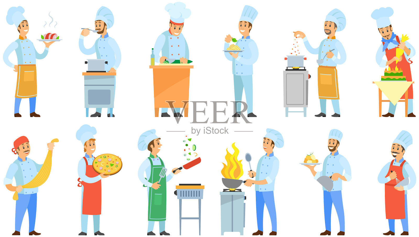 一组厨师在餐厅里制作人们油炸的饭菜插画图片素材